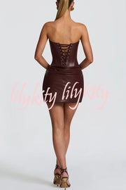 Palmer Faux Leather Pleated Off Shoulder Neck Slit Stretch Mini Dress