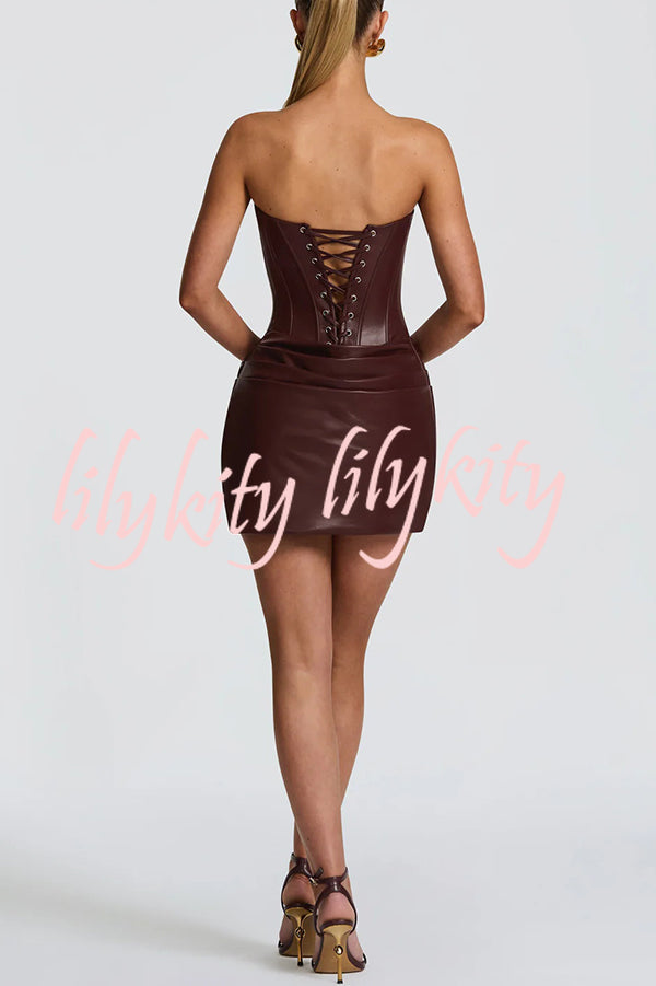Palmer Faux Leather Pleated Off Shoulder Neck Slit Stretch Mini Dress