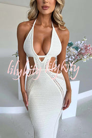 Effortlessly Cool and Sexy Knit Crochet Cutout Halter Tie-up Stretch Maxi Dress