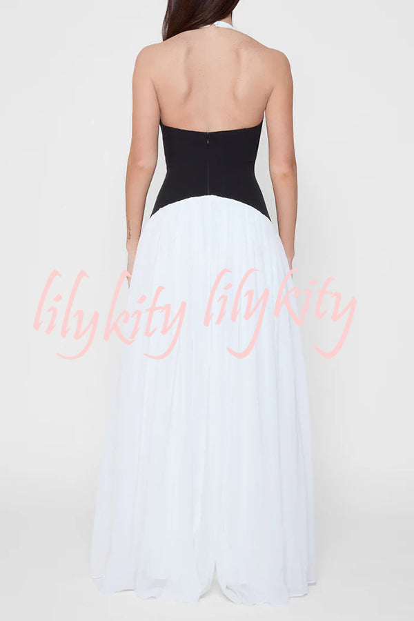 Fashionable Color Matching Sexy Halter Neck Waist Maxi Dress