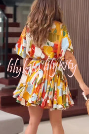Unique Printed Round Neck Short Sleeve Waist Tie Vacation Mini Dress