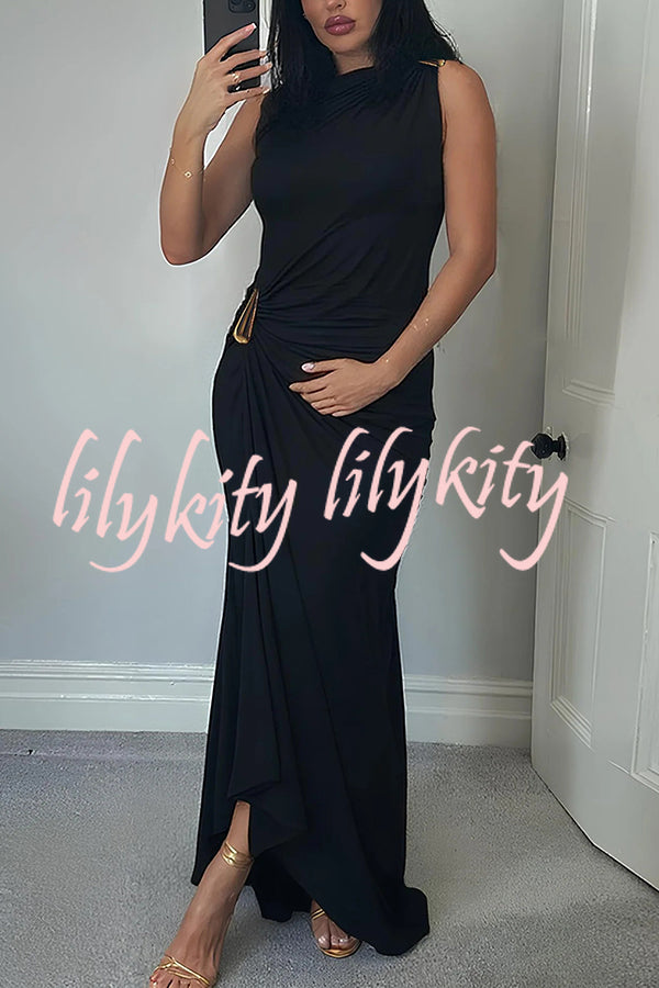 Fashionable Metallic Embellishments Pleated Sleeveless Slim-fit Maxi Dress