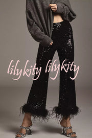 New Year Eve Sequin Feather Trim High Rise Back Zipper Flare Pants