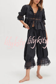 Pastoral Style Elastic Waist Lace Hem Bloomer Pants