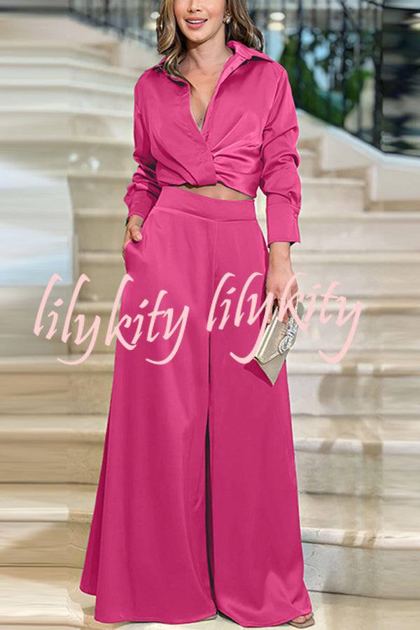 Satin Solid Color Lapel Long Sleeve Blouse and Loose-fitting Pocket Wide Leg Pants Set