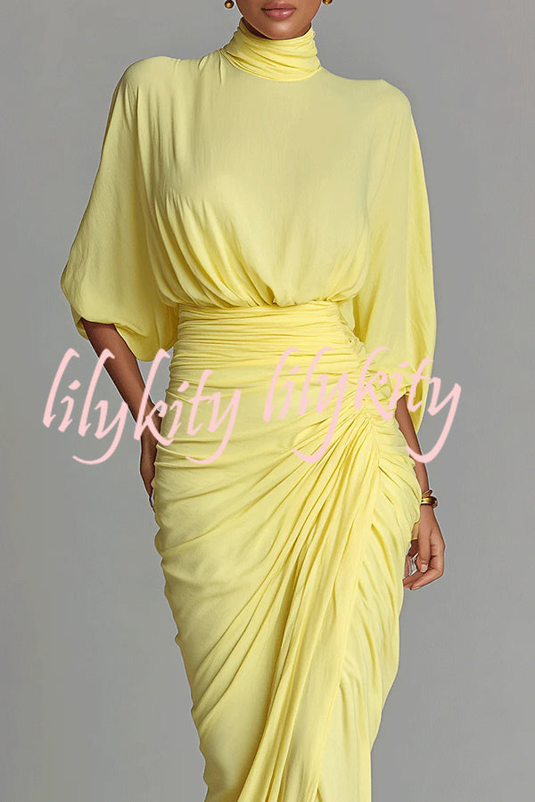 Fashionable High-neck Half-sleeve Waist-cinching Pleated Maxi Dress