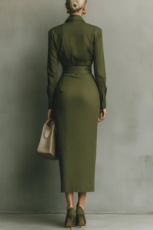 Solid Color Lapel Long Sleeve Pocket Slim-fit Asymmetrical Midi Dress