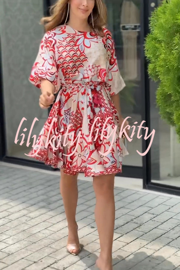 Unique Printed Round Neck Short Sleeve Waist Tie Vacation Mini Dress