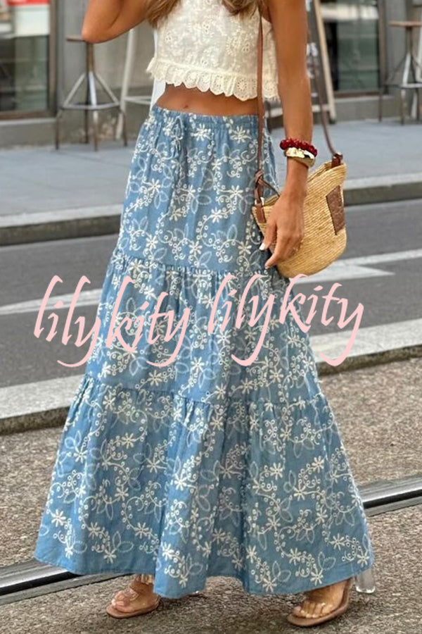 Floral Print Elastic Waist Loose Large Hem Skirt