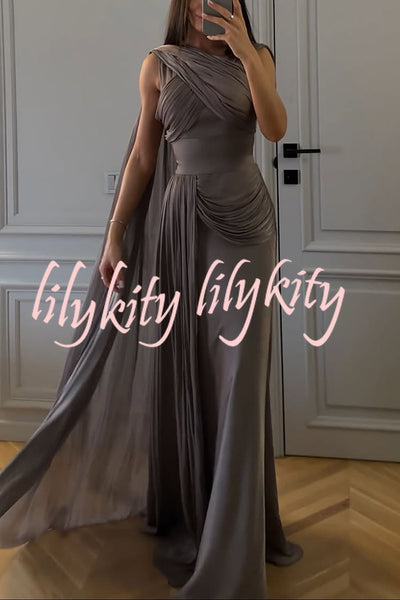 Solid Color Satin Sleeveless Waist Elegant Pleated Ribbon Maxi Dress