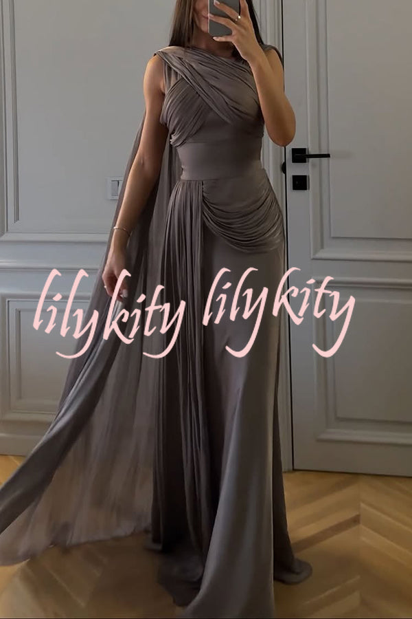 Solid Color Satin Sleeveless Waist Elegant Pleated Ribbon Maxi Dress