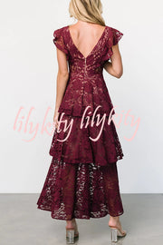 Solid V-neck Ruffled Sleeves Cinched Waist Maxi Dress