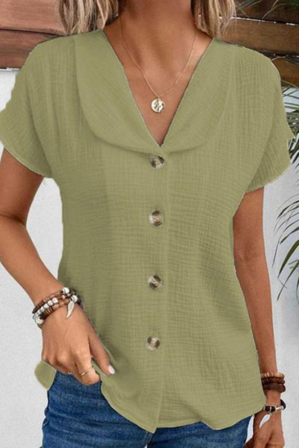 Solid Color Lapel Short Sleeve Casual Button Top