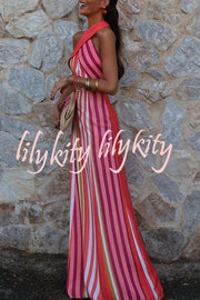 Sunset Breeze Linen Blend Colorful Stripes Cross Halter Flare Maxi Dress