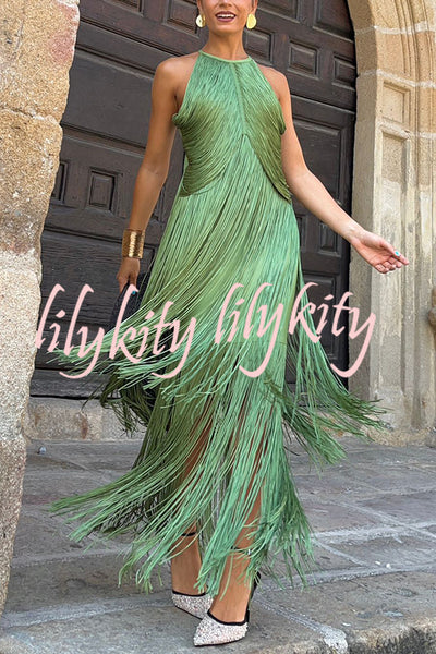 Fashion Sleeveless Halter Neck Elegant Tassel Slim Maxi Dress