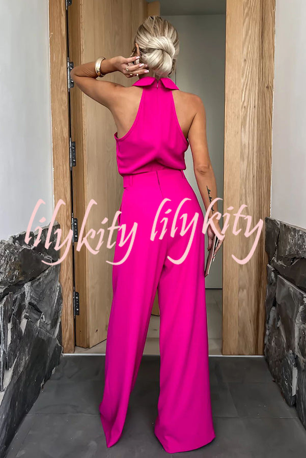 Fashionable Unique Look Halter Shirt Collar Pocketed Wide Leg Jumpsuit