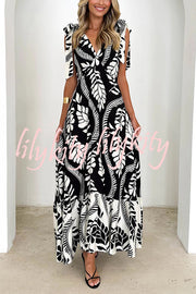 Unique Printed V-neck Sleeveless Lace-up Waist Maxi Dress