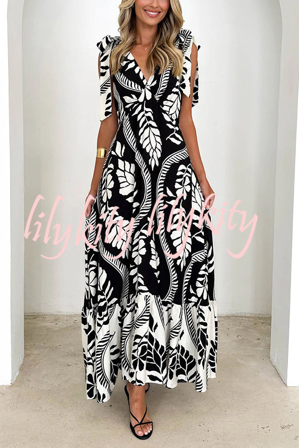 Unique Printed V-neck Sleeveless Lace-up Waist Maxi Dress