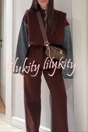 Sports Fashion Denim Patchwork Sweatshirt Fabric High Rise Pocket Loose Pants