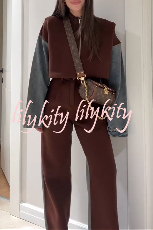 Sports Fashion Denim Patchwork Sweatshirt Fabric High Rise Pocket Loose Pants