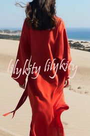 Linen Blend Solid Color Casual Lapel Tie Loose Maxi Dress