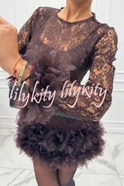 Alyssa Lace Fabric Tulle Layered Petals Trim Long Sleeve Mini Dress