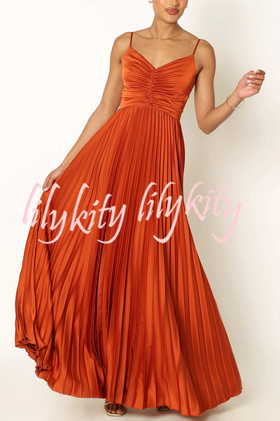 Catch The Light Satin Pleated V-neck Slip Maxi Dress