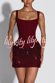 Yeona Square Neck Back Lace-up Sequin Embroidery Drape Hem Mini Dress