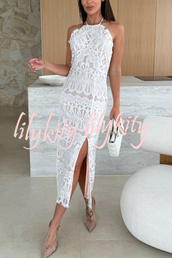 Paulette Unique Lace Halter Backless Slit Stretch Midi Dress