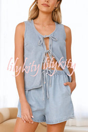 Solid Color Sleeveless Tie Top and Elastic Waist Loose Pocket Denim Shorts Set