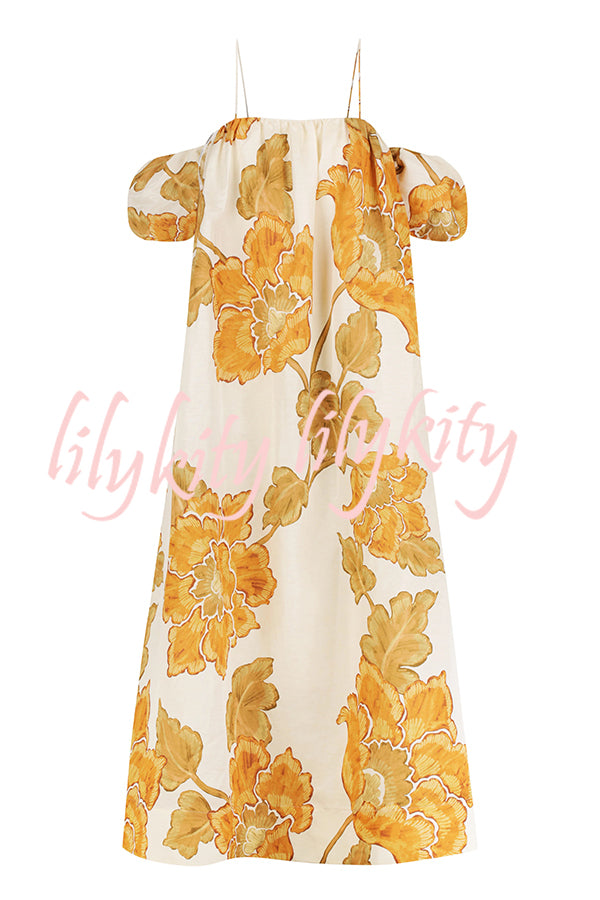 Floral Print Suspenders Puff Sleeves Loose Pocket Holiday Maxi Dress