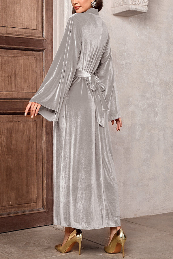 Solid Color Velvet Bell Sleeves Tie Waist Elegant Maxi Dress