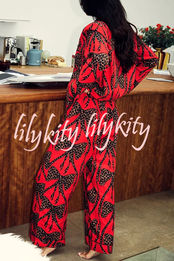 Stylish Colorblock Leopard Print Loose Shirt and Elastic Waist Pocketed Pajama Set