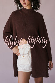 Solid Color Long Sleeve Slit Knitted Sweater