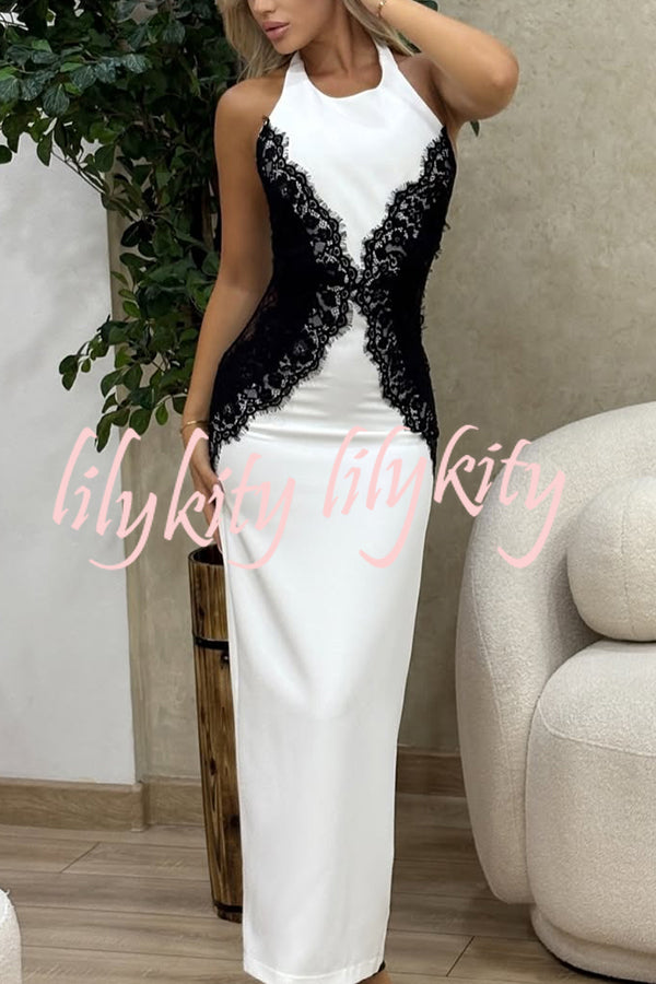 Sexy Halterneck Lace Paneled Backless Slim Maxi Dress