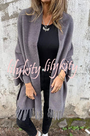 Warm Corner Knit Plush Tassel Trim Relaxed Shawl Cardigan