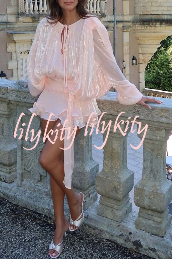 Ninah Glitter Fabric Pleated Balloon Sleeve Tiered Ruffle Hem Mini Dress