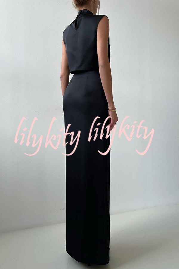 Solid Color Casual Sleeveless Crop Top and Elegant Button-down Maxi Skirt Set