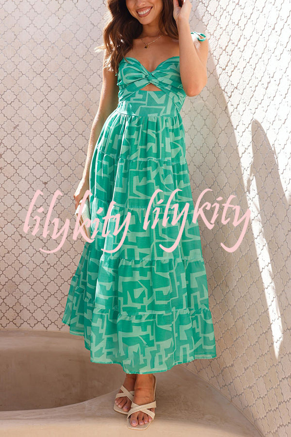 Unique Printed Suspender Tie Back Pleated Midi Dress