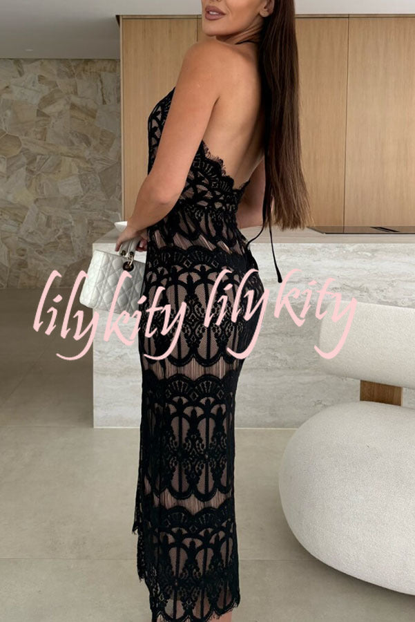 Paulette Unique Lace Halter Backless Slit Stretch Midi Dress