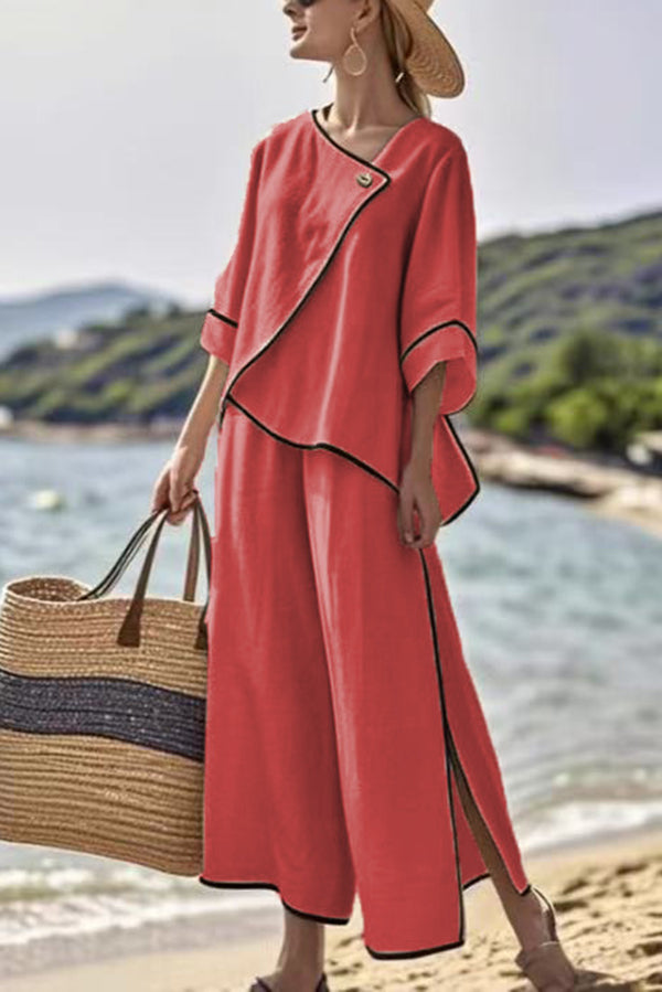 Stylish Color Trim Asymmetrical Casual Top and Elastic Waist and Wide-leg Pant Set