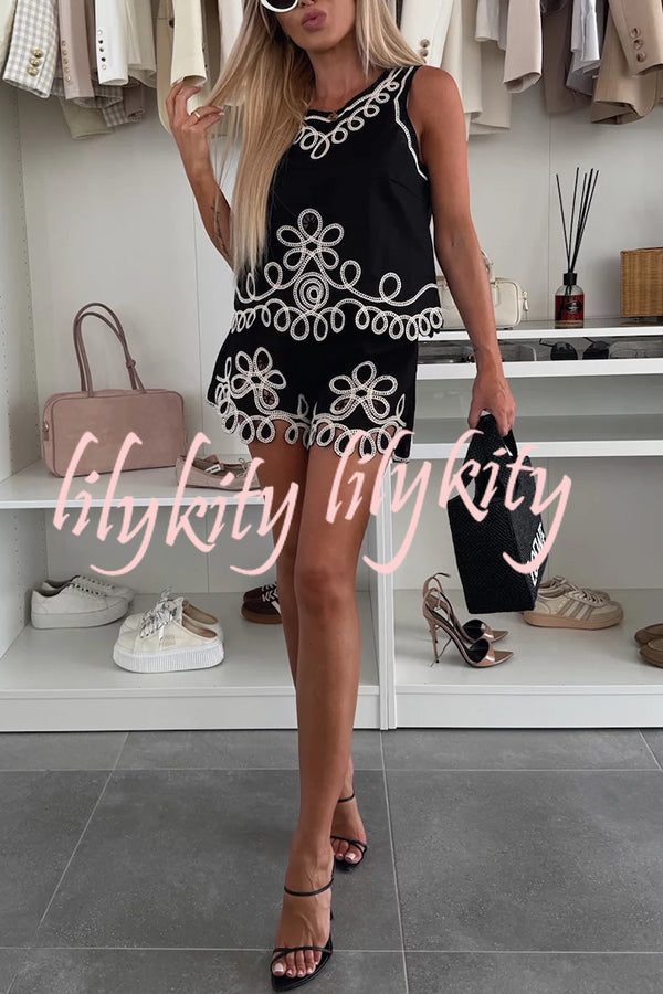 Angie Embroidery Cut-out Sleeveless Top and Elastic Waist Loose Shorts Set
