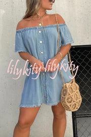 Fashionable Off Shoulder Short-sleeved Loose Denim Mini Dress