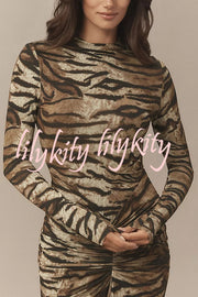 Winston Animal Print High-neck Long Sleeve Ruched Hip Stretch Maxi Dress