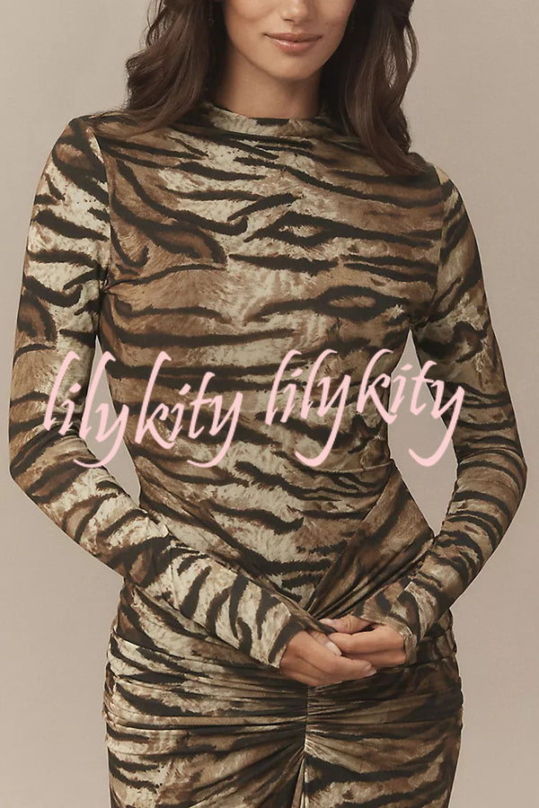 Winston Animal Print High-neck Long Sleeve Ruched Hip Stretch Maxi Dress