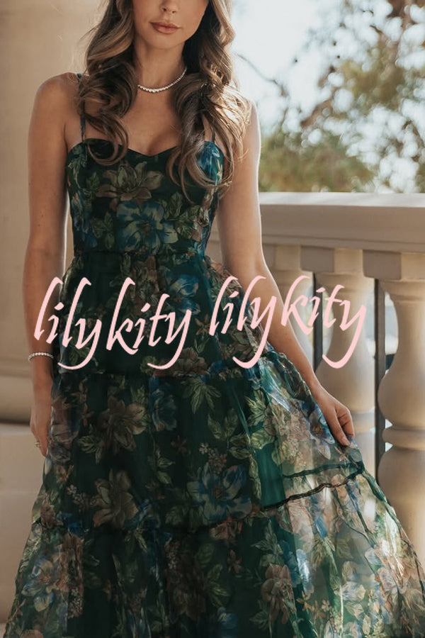 Exclusive Glamour Organza Floral Print Tiered Slip Maxi Dress
