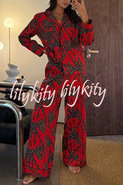 Stylish Colorblock Leopard Print Loose Shirt and Elastic Waist Pocketed Pajama Set