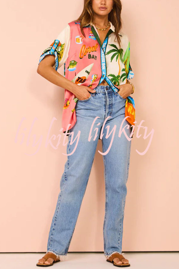 Kissed By The Sun Satin Unique Print Colorblock Button Down Oversized Blouse