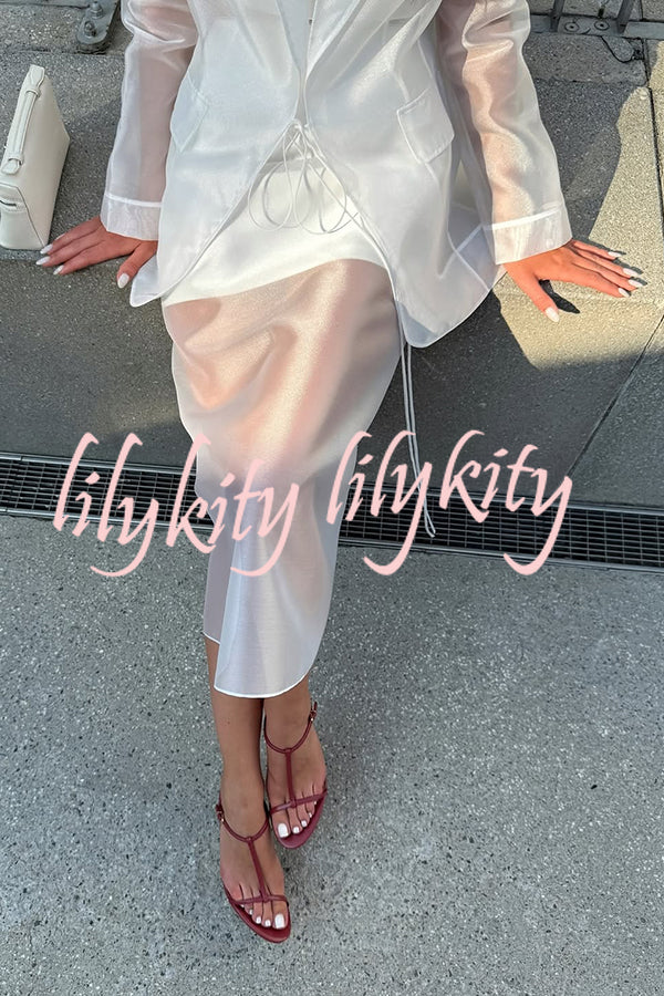 Simple and Light See-through Fabric Mid Rise Pencil Slit Midi Skirt