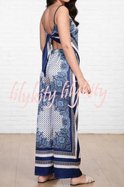 Unique Printed Sling Backless Strappy Top and Elastic Waisted Loose Pants Set